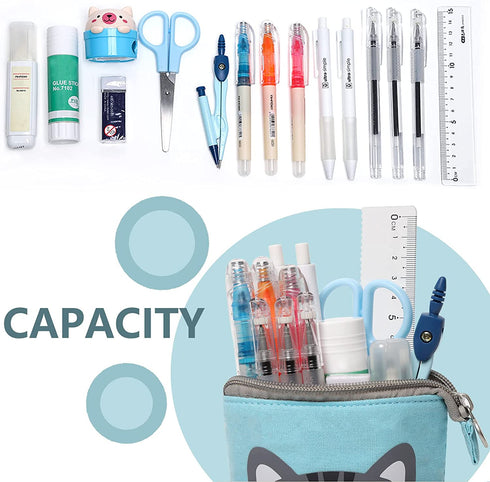 GFPGYQ Standing Pencil Case for Girls, Boba Cat Pop Up Pencil Case Cute Telescopic Pen Pouch Holder Canvas Zip Kawaii, Kids Students Gifts 3 Packs