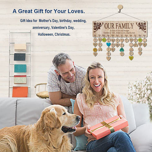 Wellinc Gifts for Mom Dad from Daughter Son - Wooden Family Birthday Tracker Calendar Board, OUR FAMILY Sayings Patter, Important Dates Reminder Plaque Wall Hanging for Birthday/Christmas Gift