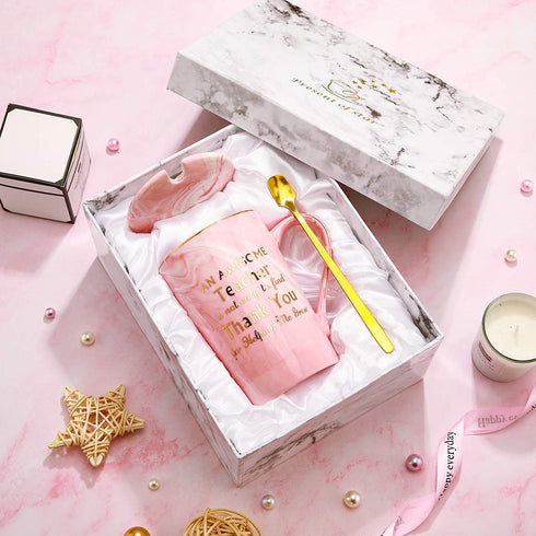 Funny Christmas Thank You Teacher Coffee Mug Gifts, An Awesome Teacher Is Not Easy to Find Mug Gift for Graduation Birthday Favor, 14 oz Coffee Marble Mug with Gift Box and Gold Spoon (Pink)