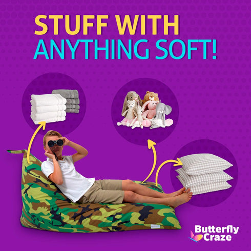 Butterfly Craze Bean Bag Chair Cover (Stuffing Not Included) Toddler Toy Organizer Fill with Stuffed Animals to Create a Jumbo, Comfy Floor Lounger for Boy™s or Girl™s Bedroom Camo