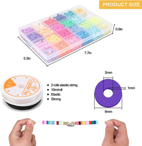 6000Pcs Clay Beads Kit, Heishi Beads for Jewelry Making, 24 Colors Flat Beads 6mm Polymer Clay Spacer Beads, Necklace Bracelet Making Kit with Pendant Charms Kit, Letter Beads, Fruit Beads, Jump Rings