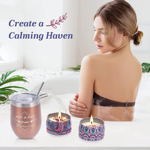 Gifts for Women Birthday Unique, Best Relaxing Gifts for Women, Funny Insulated Wine Tumbler and 4 Pack Candles, Relaxation Spa Gift Baskets for Women Female Best Friend Sister, Gifts for Wine Lovers
