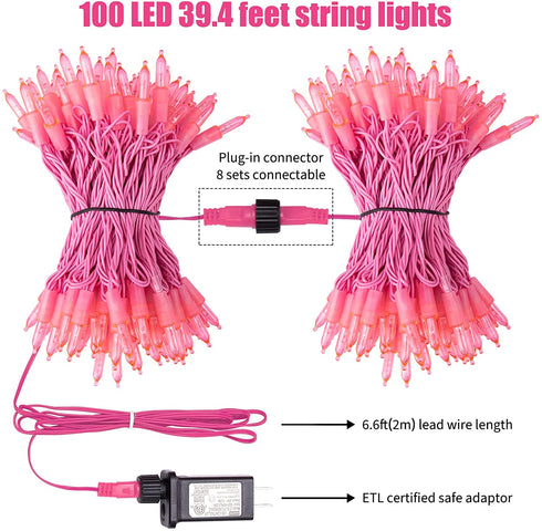 Pink Mini Christmas Lights - 39 Feet 100 LED Fairy String Lights with 8 Lighting Modes Waterproof Connectable for Indoor Outdoor Xmas Tree Garland Wreath Holiday Valentine's Day Decoration