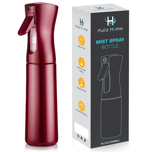Hula Home Continuous Spray Bottle (10.1oz/300ml) Empty Ultra Fine Plastic Water Mist Sprayer – For Hairstyling, Cleaning, Salons, Plants, Essential Oil Scents & More - Red
