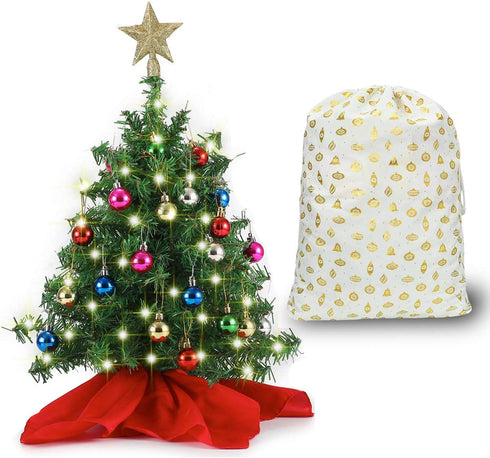 20" Tabletop Pre-lit Mini Christmas Tree Set with Clear LED Lights, Artificial Mini Christmas Tree with Star Treetop and Ornaments, Best DIY Christmas Decorations (Storage Bag Included)