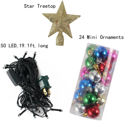 20" Tabletop Pre-lit Mini Christmas Tree Set with Clear LED Lights, Artificial Mini Christmas Tree with Star Treetop and Ornaments, Best DIY Christmas Decorations (Storage Bag Included)