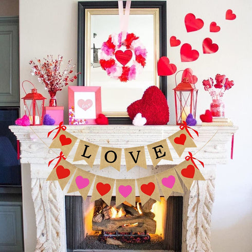 Valentines Day Decorations, Burlap Love Banner with Heart Garland Valentine's Day Banner for Wedding Anniversary Engagement Decorations, No DIY