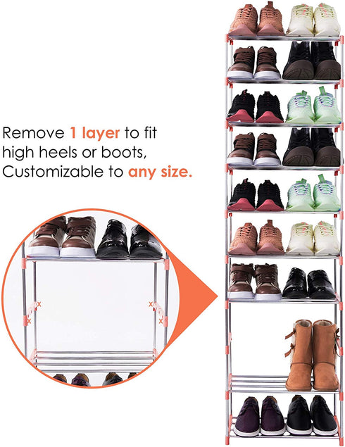 Xerhnan 10-Tier Stackable Small Shoe Rack, Lightweight Shoe Shelf Storage Organizer for Entryway, Hallway and Closet (Pink)