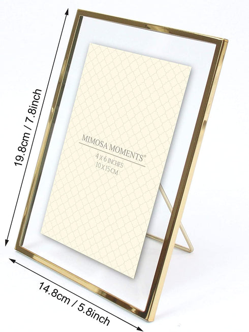 MIMOSA MOMENTS Gold Metal Floating Pressed Glass Picture Frame with Metal Easel, Photo Display for Desk (Gold, 4x6)