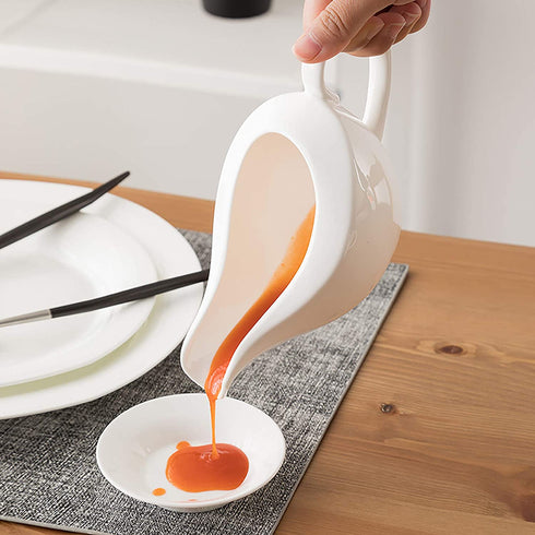 Yesland 15 oz Gravy Boat and Tray, Ceramic White Gravy Sauce Boat with Saucer Stand for Dining, Holiday Meals & Parties