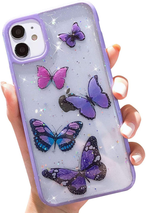 Butterfly Bling Clear Case Compatible with iPhone 11,wzjgzdly Glitter Case for Women Cute Slim Soft Slip Resistant Protective Phone Case Cover for iPhone 11 6.1 inch - Purple