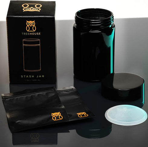 Stash Jar Smell Proof Container (500mL) for Herbs, Spices, Coffee, Teas & More - Double Sealed Air Tight Jar, Thick UV Protection Glass, Smell Proof Herb Storage - Plus x2 Resealable Smell Proof Bags