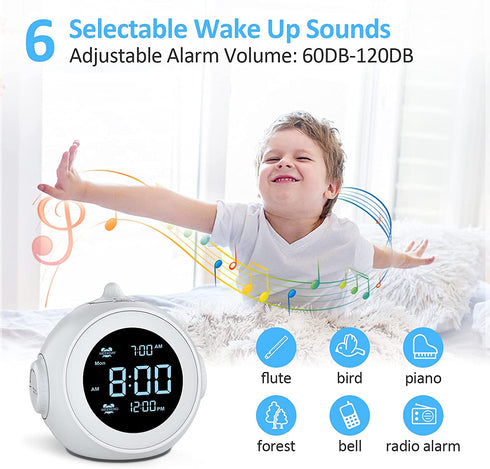 Welgo Digital Alarm Clock Radio-0-100% Dimmer, 6 Sounds Adjustable Volume, Weekday/Weekend, FM Radio with Sleep Timer, Snooze, Battery Backup, 2.4''LCD Display, Headphone Jack, Small Size for Bedside
