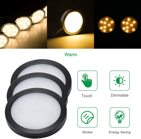AIBOO Under Cabinet LED Black Cover Puck Lighting Kit with Touch Dimmer Switch for Kitchen Cupboard Closet Lighting (3 Lights,Warm White)