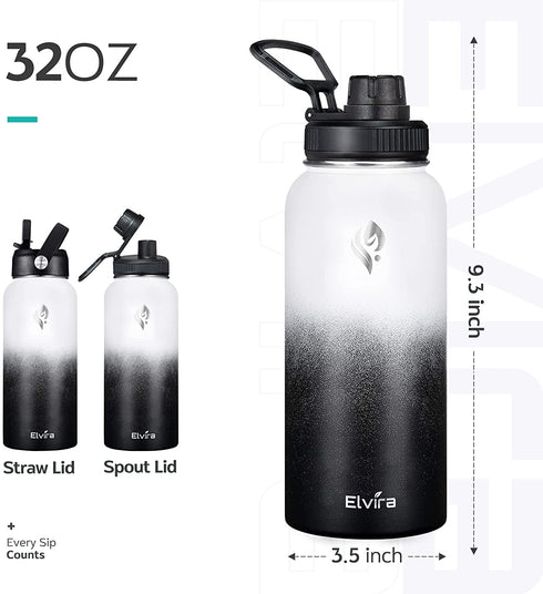Elvira 32oz Vacuum Insulated Stainless Steel Water Bottle with Straw & Spout Lids, Double Wall Sweat-Proof BPA Free to Keep Beverages Cold for 24Hrs or Hot for 12Hrs