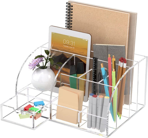 FEMELI Office Desk Organizer and Accessories, Acrylic Desk Organizer with 8 Compartments + 1Drawer(Clear)
