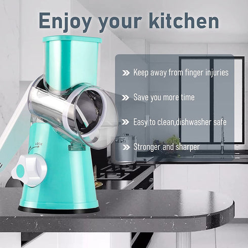 KEOUKE Rotary Cheese Grater Slicer - Round Mandoline Drum Slicer Manual Vegetable Slicer with a Stainless Steel peeler (Blue)