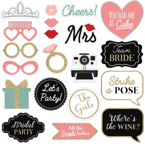 Fully Assembled Wedding Photo Booth Props - Set of 40 - Gold, Pink, Teal, & Silver Selfie Signs - Wedding Party Supplies & Decorations - Cute Wedding Designs with Real Glitter - Did we mention no DIY?