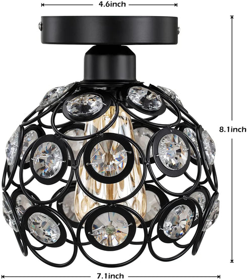 Semi Flush Mount Ceiling Light Fixture, Antique Black Metal Crystal Ceiling Lamp, Indoor Close to Ceiling Lighting Fixture for Bedroom Bathroom Foyer Hallway 1 Pack
