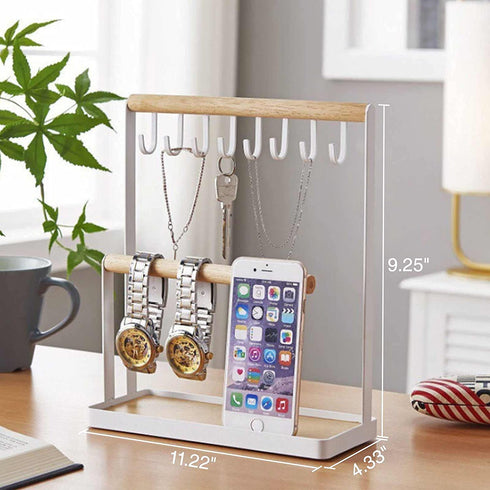 Jewelry Holder Stand, 3-Tier Necklace Hanging Wooden Ring Organizer Earring Tray, 8 Hooks Storage Necklaces, Bracelets, Rings and Watches on Desk Tabletop, White