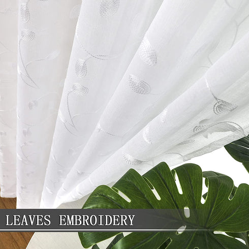 Tollpiz Leaves Short Sheer Curtains White Leaf Embroidery Bedroom Curtain Rod Pocket Voile Faux Linen Embroidered Leaves Curtains for Living Room, 54 x 45 inches Long, Set of 2 Panels