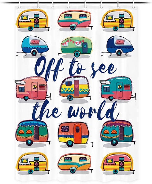TOMOZ RV Shower Curtain for Camper Trailers Camping Bathroom, Off to See The World Retro Camper Trailer, Waterproof Stall Shower Curtain with Hooks Set 47x64 Inch