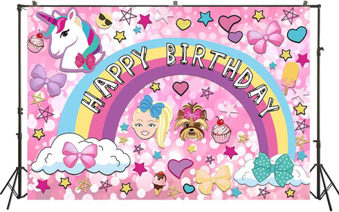 7x5ft girl dream sweet 16 pink party backdrop crazy big glitter happy birthday banner colorful happy cartoon unicorn puppy photo booth Studio Props Dessert Table Banner Party Supplies mural poster