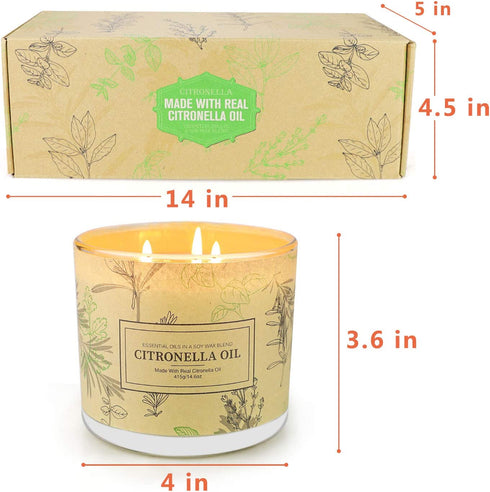Citronella Candles Outdoor Indoor, 3 Pack 14.6 Oz Large 3 Wick Scented Jar Candles Set Aromatherapy Long Lasting Soy Wax for Summer Home Garden Patio Balcony