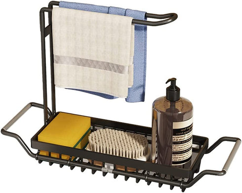 Hvanam Stainless Steel Kitchen Sink Rack Telescopic Organizer Holder Expandable Countertop Accessories Drain Caddy Tray for Kitchen or Bathroom Towel Soap Sponge Brush Storage(Black)
