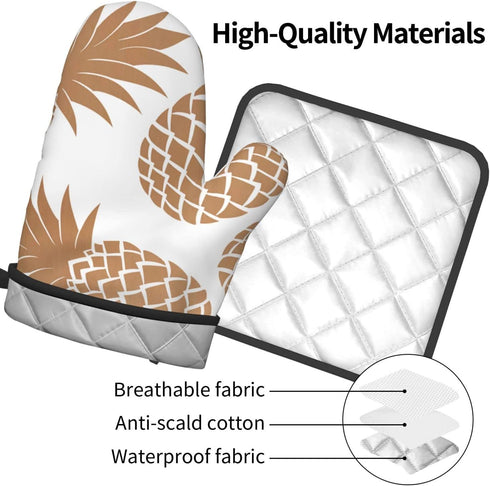 Oven Mitts and Pot Holders for Kitchen Pineapple Oven Mitts Sets Golden Cute Hot Pads Heat Resistant Washable for Counter Table Decorative BBQ Cooking Baking Grilling