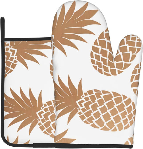 Oven Mitts and Pot Holders for Kitchen Pineapple Oven Mitts Sets Golden Cute Hot Pads Heat Resistant Washable for Counter Table Decorative BBQ Cooking Baking Grilling
