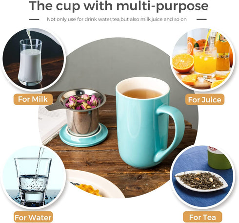 AmorArc Ceramic Tea Mug,16Oz Tea Cup with Infuser and Lid, Tea Strainer Cups with Tea Bag Holder for Loose Leaf Tea, Tea Steeping Mug for Tea/Coffee/Milk with well-wrapped Gift box -Turquoise
