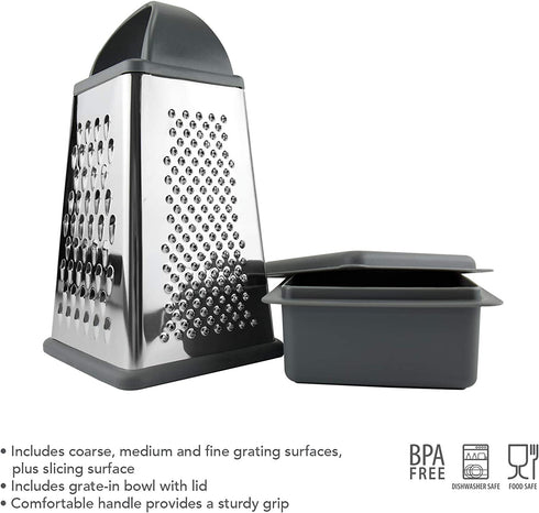 Tovolo Box Grater, Stainless Steel with 4 Sides Best for Parmesan Cheese, Vegetables, Ginger, Nuts with Detachable Storage Container One Charcoal