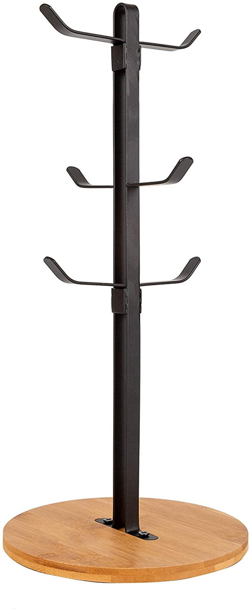 Coffee Mug Holder, Espresso Cup Holder, Mugs Tree Hanger, Bamboo Base Coffee Cup Holder Stand with 6 Hooks for Kitchen, Coffee Bar Counter
