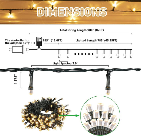 Outdoor String Lights 82 FT 200 LED 2 Pack UL Safe Certified Weatherproof 9 Modes Fairy Twinkle Lights for Indoor/Outdoor Backyard,Party,Garden,Patio,Wedding,Holiday Decor (Warm White)