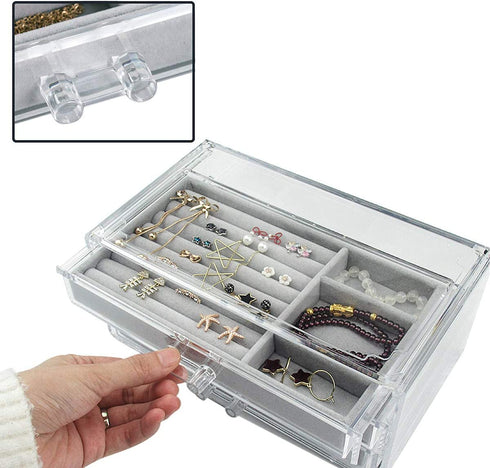 Acrylic Jewelry Box 3 Drawers, Velvet Jewellery Organizer, Earring Rings Necklaces Bracelets Display Case Gift for Women, Girls