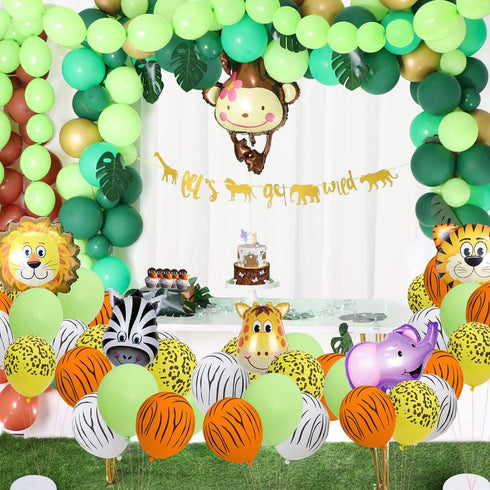 foci cozi 148 Pack Jungle Safari Theme Party Decorations Set?148 latex balloons, 12 Green Palm Leaves, 1 banner 4 cake topper 16 feets Arch Balloon strip tape, 1 Balloon tying tools Safri party Supplies Favors for Kids Boys Birthday Baby Shower Decor