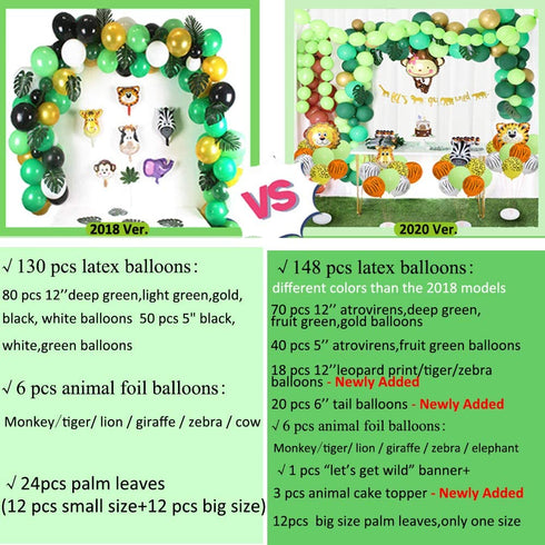 foci cozi 148 Pack Jungle Safari Theme Party Decorations Set?148 latex balloons, 12 Green Palm Leaves, 1 banner 4 cake topper 16 feets Arch Balloon strip tape, 1 Balloon tying tools Safri party Supplies Favors for Kids Boys Birthday Baby Shower Decor