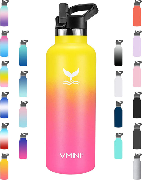 Vmini Water Bottle - Standard Mouth Stainless Steel & Vacuum Insulated Bottle, New Straw Lid with Wide Handle, Gradient Yellow+Pink & 22 oz