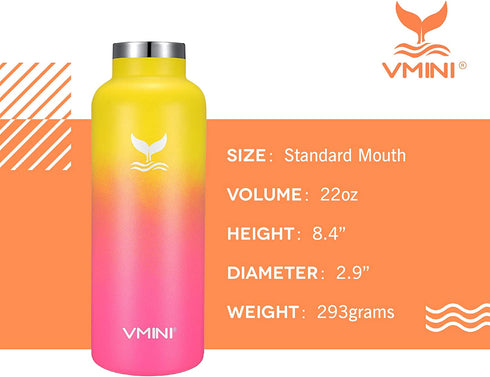 Vmini Water Bottle - Standard Mouth Stainless Steel & Vacuum Insulated Bottle, New Straw Lid with Wide Handle, Gradient Yellow+Pink & 22 oz