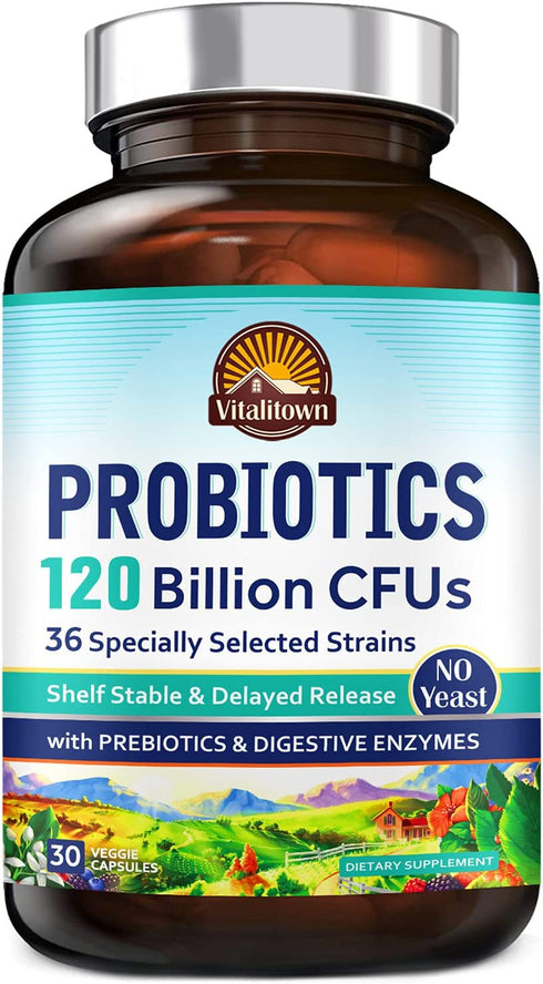VITALITOWN Probiotics 120 Billion CFUs | 36 Strains, with Prebiotics & Digestive Enzymes for Men Women | Shelf Stable | Digestive & Immune Support | Vegan, Non-GMO | 30 Delayed Release Veg Caps