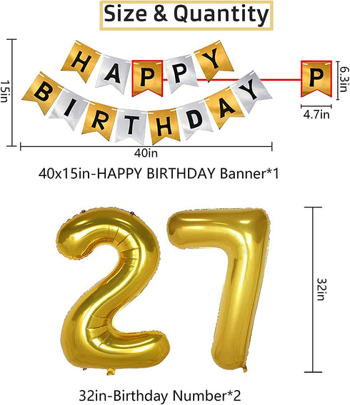 NANINUNENO 27th Gold Birthday Decorations,Gold Black Silver Happy Birthday Balloons Supplies for Boy Men Girl Women,27 Birthday Party Set with27 Gold Number Balloons Happy Birthday Banner and Whiskey Bottle Balloons