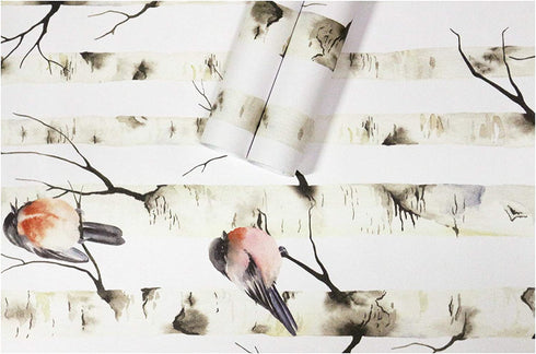 HaokHome 92075 Peel and Stick Forest Wallpaper Birch Tree Birds Mural White/Beige/Grey/Red Removable for Wall Decorations 17.7in x 118in