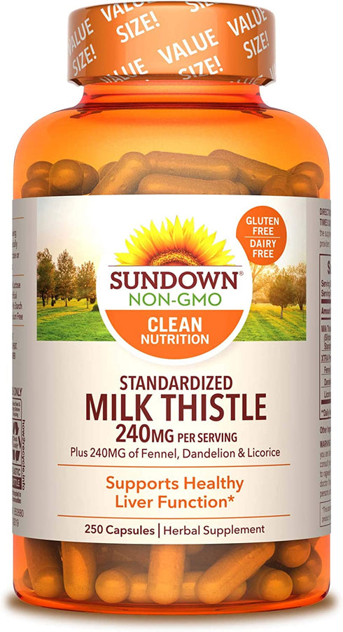 Milk Thistle by Sundown, Herbal Supplement, Supports Liver Health, Non-GMO, Free of Gluten, Dairy, Artificial Flavors, 80% Silymarin, 250 Capsules