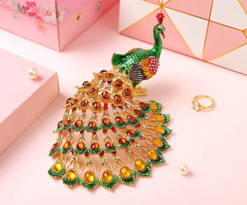 Furuida Peacock Trinket Boxes Hinged Enameled Jewelry Box Hand-Painted Animals Ornaments Craft Gift for Home Decor (Green)