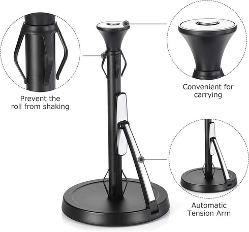 Hystun Standing Paper Towel Holder Tension Arm Paper Towel Holder Stainless Steel Single Tear Paper Towel Holder Countertop Roll Dispenser for Kitchen Countertop & Dining Room Table Black