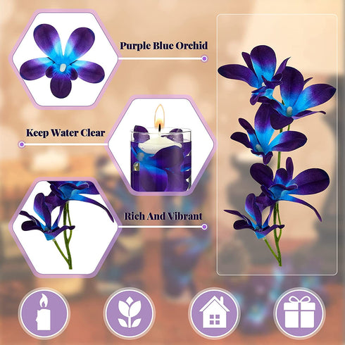 Blue Purple Faux Flowers Blue Orchid Flower Vase Fillers Faux Purple Orchid Wedding Table Centerpieces Filling for Floating Candles Wedding Birthday Party Table Decorations (16 Pieces)