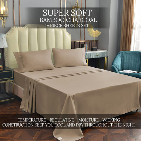 Queen Size Sheet Set Beige 4 Piece Bamboo Bed Sheets Fitted Sheet 15" Deep Pocket Soft Breathable Cooling Sheets for Hot Sleepers Washed Best Luxury Hotel Collection Wrinkle Free Durable Flat Sheet