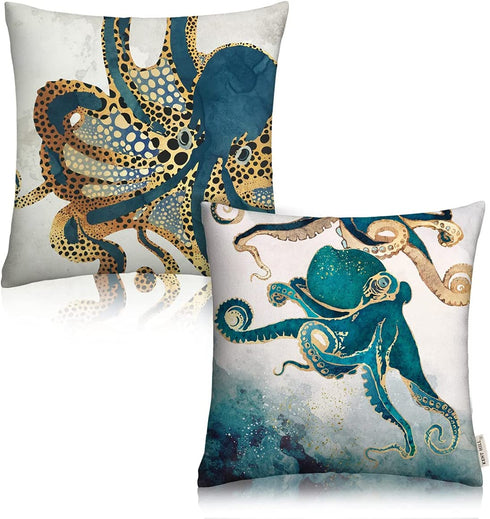 AOOPUC Marine Octopus Nautical Cushion Cover Throw Pillow Covers Set of 2 Outdoor Sofa Decor Squid Sea Animals Teal Golden Pillow Cases Cotton 18 X 18 Inches Square for Couch Sofa Bedroom Chair