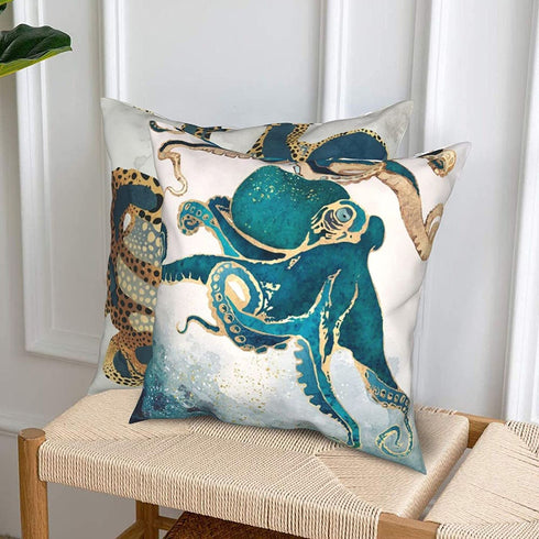 AOOPUC Marine Octopus Nautical Cushion Cover Throw Pillow Covers Set of 2 Outdoor Sofa Decor Squid Sea Animals Teal Golden Pillow Cases Cotton 18 X 18 Inches Square for Couch Sofa Bedroom Chair